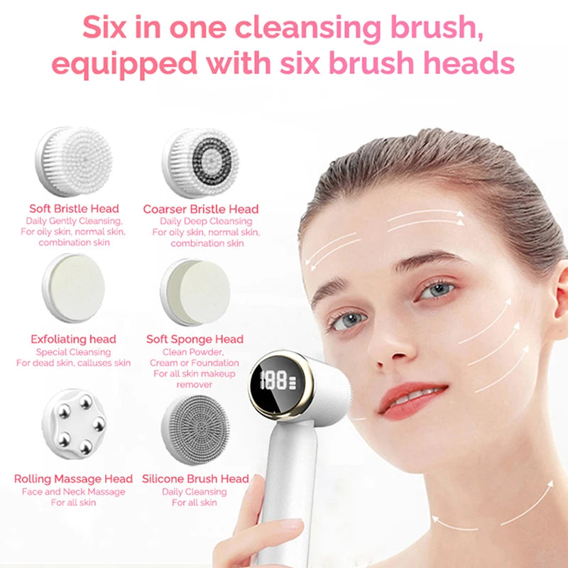 6 In 1 Ultrasonic Electric Face Cleansing Brush Compress Therapy